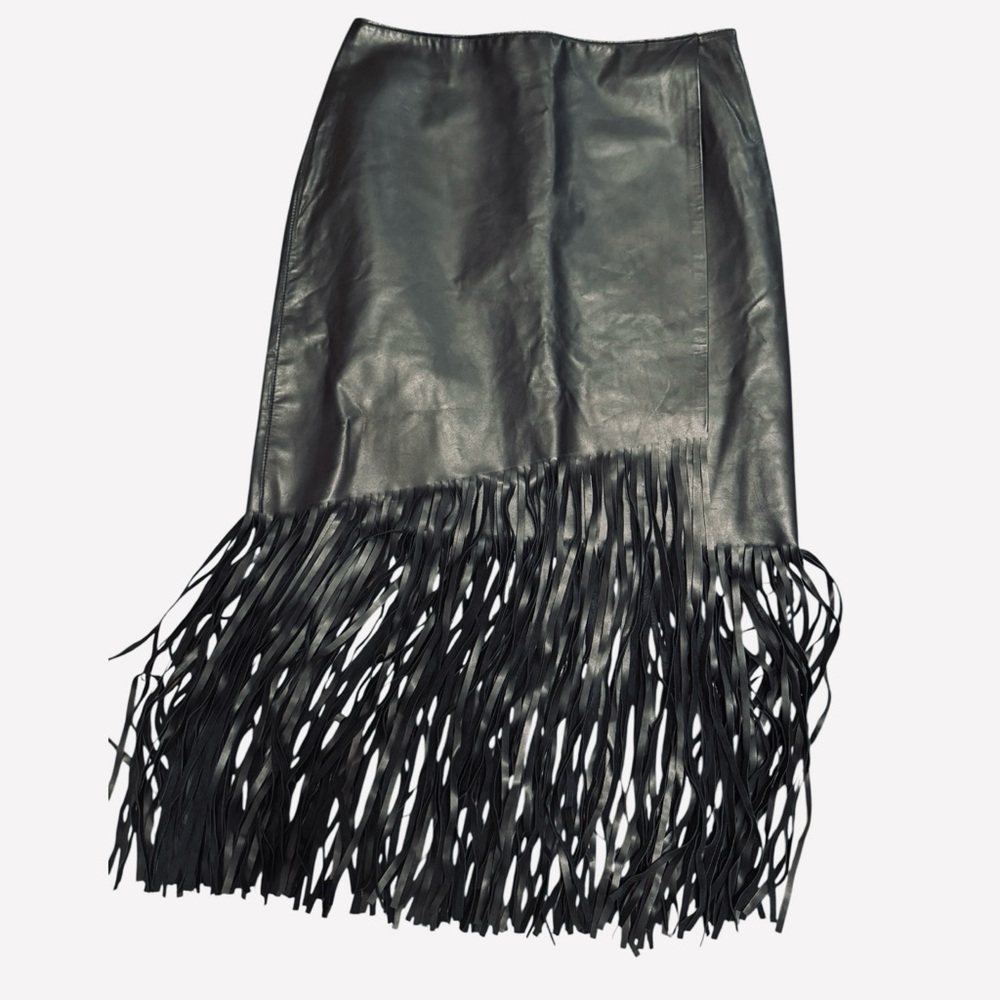 Per Se Black Genuine Leather Fringe Pencil Skirt